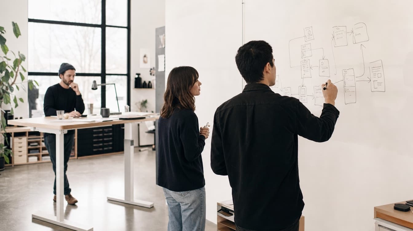 The team sketching product flows in the studio