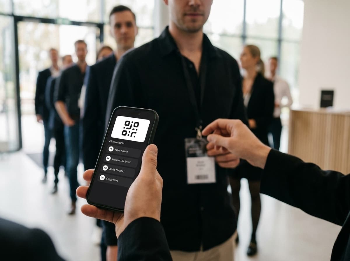 Event staff scanning a guest's badge with the Titan check-in screen on their phone